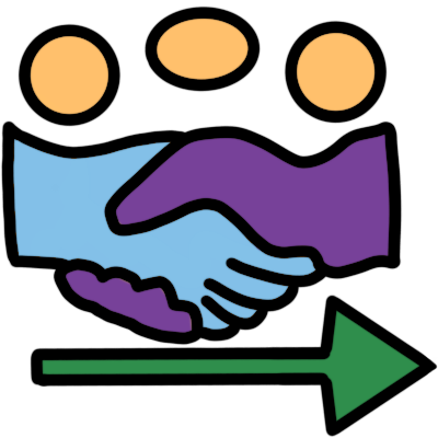 three gold circles, representing coins, above two hands in a handshake. the hand on the left is light blue, and the hand on the right is purple. below the handshake is a green arrow pointing to the right.